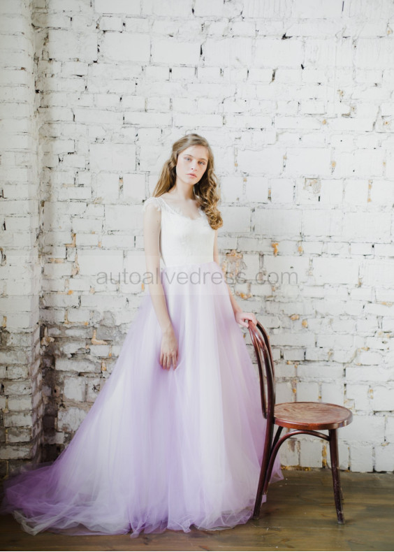 Cap Sleeve Ivory Lace Purple Tulle Wedding Dress